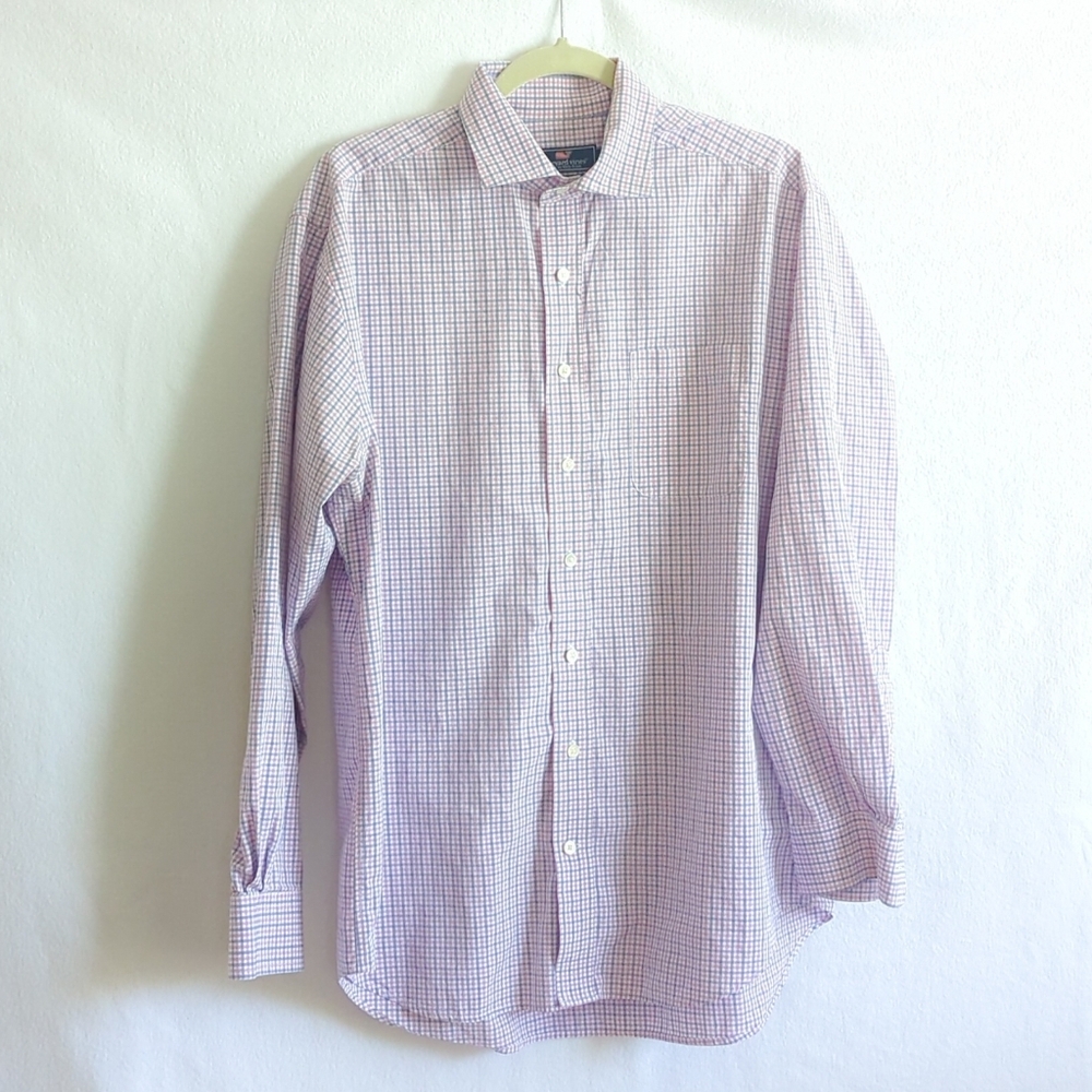Vineyard Vines White Pink & Blue Plaid 100% Cotton Cooper Shirt Size L